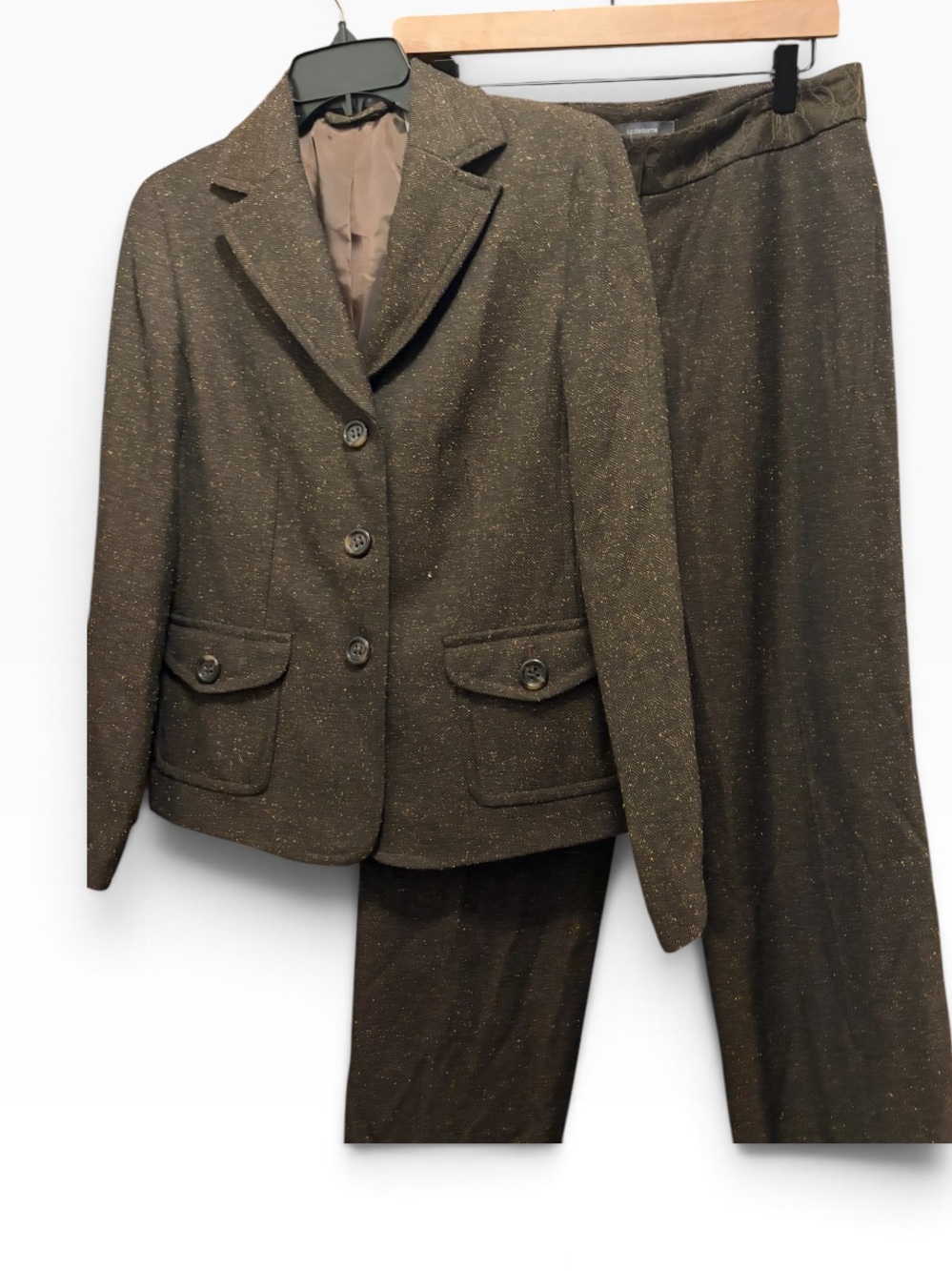 Liz Claiborne Audra Petite 8 Herringbone Tweed Blazer Pants Suit Brown